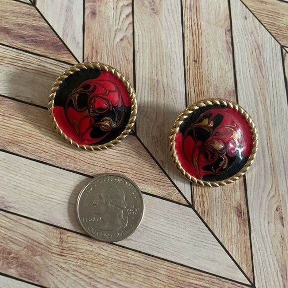 Enamel Stud Earrings, Red, Black & Gold, Oversized Stud Earrings - Picture 5 of 7